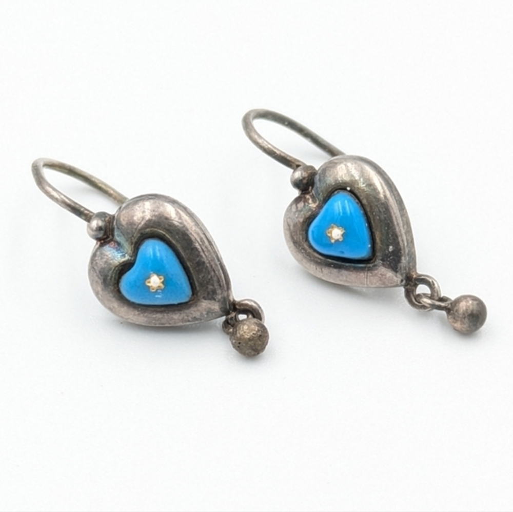 Antique 1815-1848 Biedermeier 800 silver blue heart drop earrings - Picture 2 of 7